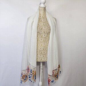 Scarf Women's Rectangle White Detailed Floral Embroidered Linen Blend Boho City